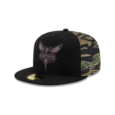 Black Charlotte Hornets Hat - New Era NBA Camo Panel 59FIFTY Fitted Caps USA1576308